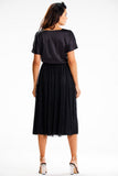 Satin and Mesh Midi Dress with Kimono Cut and Elastic Waist