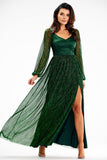 Elegant Maxi Dress with Slit and Glittering Mesh Sleeves