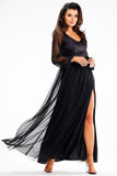 Elegant Maxi Dress with Slit and Glittering Mesh Sleeves