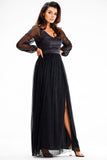 Elegant Maxi Dress with Slit and Glittering Mesh Sleeves
