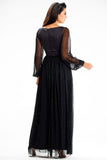 Elegant Maxi Dress with Slit and Glittering Mesh Sleeves
