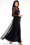 Elegant Maxi Dress with Slit and Glittering Mesh Sleeves