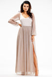 Elegant Maxi Dress with Slit and Glittering Mesh Sleeves
