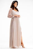 Elegant Maxi Dress with Slit and Glittering Mesh Sleeves