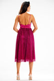 Elegant Strapless Satin Midi Dress with Flared Mesh Skirt