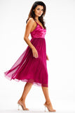 Elegant Strapless Satin Midi Dress with Flared Mesh Skirt