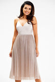 Satin Strapless Midi Dress with Flared Mesh Bottom