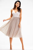 Satin Strapless Midi Dress with Flared Mesh Bottom