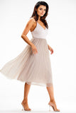 Satin Strapless Midi Dress with Flared Mesh Bottom