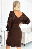 Chocolate Openwork Long Sleeve Dress with Shoulder Style