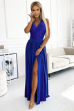 Elegant Blue Maxi Dress with Lace Neckline and Open Back