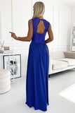 Elegant Blue Maxi Dress with Lace Neckline and Open Back