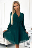 Bottle Green Pleated Chiffon Dress with Long Sleeves