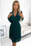 Bottle Green Pleated Chiffon Dress with Long Sleeves