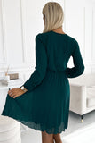 Bottle Green Pleated Chiffon Dress with Long Sleeves