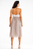Satin Strapless Midi Dress with Flared Mesh Bottom