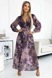 Pleated Chiffon Dress with Envelope Neckline and Belt