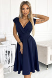 Flared Navy Dress with Envelope Neckline and Belt