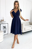Flared Navy Dress with Envelope Neckline and Belt