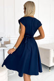 Flared Navy Dress with Envelope Neckline and Belt