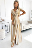 Elegant Gold Satin Maxi Dress with Leg Slit and Neckline