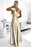 Elegant Gold Satin Maxi Dress with Leg Slit and Neckline