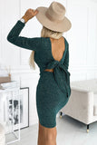Green Sweater Dress with Long Sleeves and Bow Tie