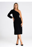 Flared One Shoulder Dress with Side Split and Zipper