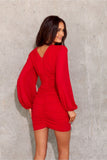 Chic V-Neck Dress with Draped Skirt and Elastic Sleeves