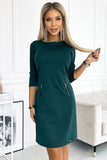 Classic Green Dress with Gold Zippers and 3/4 Sleeves