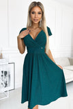 Green Flared Dress with Envelope Neckline and Short Sleeves