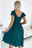 Green Flared Dress with Envelope Neckline and Short Sleeves