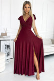 Maroon Glitter Maxi Dress with Leg Slit and Neckline