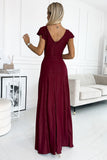 Maroon Glitter Maxi Dress with Leg Slit and Neckline