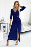Glitter Long Dress with Envelope Neckline and Leg Slit