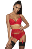 Floral Lace Thong with Satin Bow and Mesh Insert - Red