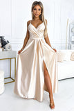 Elegant Satin Maxi Dress with Leg Slit and Belt