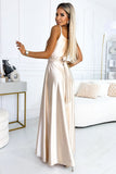 Elegant Satin Maxi Dress with Leg Slit and Belt