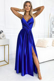Elegant Satin Maxi Dress with Leg Slit and Belt