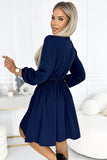 Elegant Navy Blue Dress with Envelope Neckline and Waist Tie