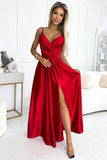 Elegant Red Satin Maxi Dress with Leg Slit & Belt