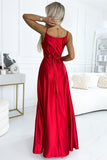 Elegant Red Satin Maxi Dress with Leg Slit & Belt