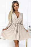 Elegant Beige Dress with Envelope Neckline and Waist Tie