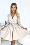 Elegant Beige Dress with Envelope Neckline and Waist Tie