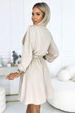 Elegant Beige Dress with Envelope Neckline and Waist Tie