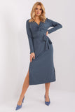 Long Sleeve Heart Neckline Dress with Slits and Tie Belt