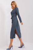 Long Sleeve Heart Neckline Dress with Slits and Tie Belt