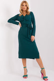 Heart Neckline Long Sleeve Dress with Tie Belt and Slits