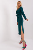 Heart Neckline Long Sleeve Dress with Tie Belt and Slits