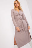 Long Sleeve Heart Neckline Dress with Tie Belt and Slits